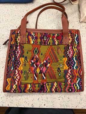 #26 Colorful Embroidered brown leather Tote Bag